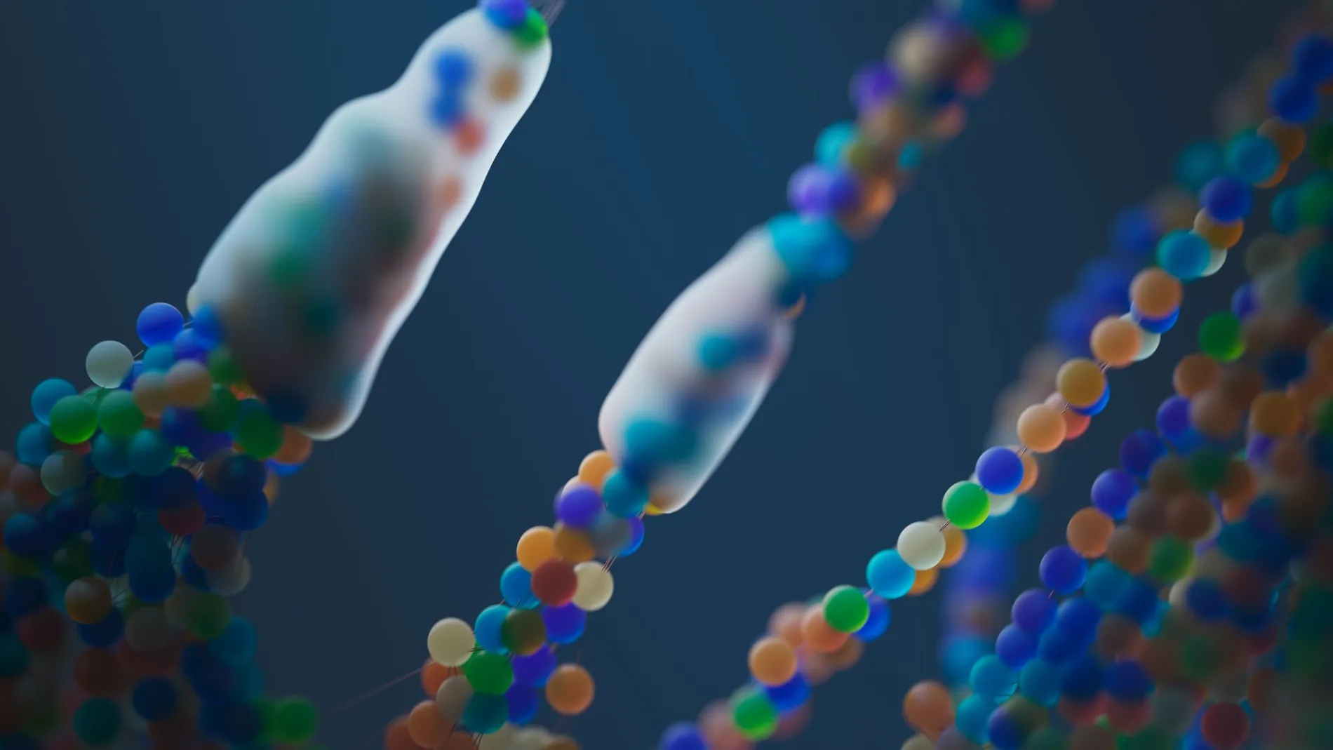 Coloured beads strung along a DNA-like strand